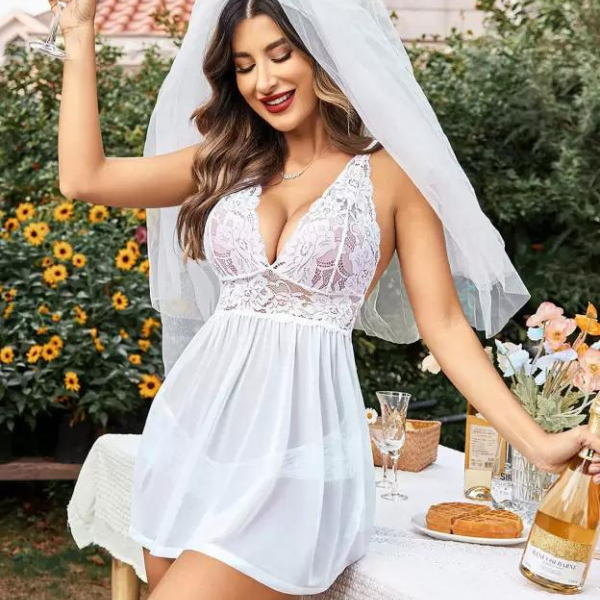 Bridal White Lace &amp; Sheer Babydoll Nightwear